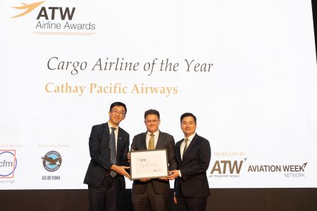 Cathay Cargo receives its Cargo Airline of the Year prize at the ATW Awards