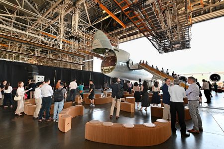 Freighter with nose door open exhibited to guests