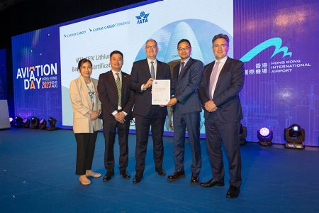 Certificate presentation photo with IATA and Cathay representatives