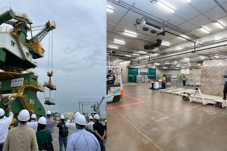 Left image shows crane lifting ULD and right side shows interior of cargo terminal