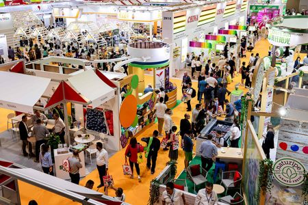 Trade show booths and visitors