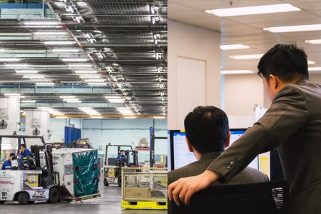 Cargo services delivery team members in office and cargo terminal