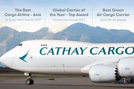 Cathay Cargo aircraft with mountains in background and image text award details 