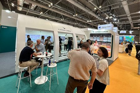 Cathay Cargo exhibit shaped like aircraft deck at trade show