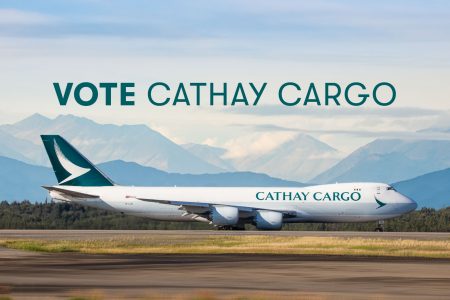 Cathay cargo aircraft on runway with 'Vote Cathay Cargo' text overlaid above
