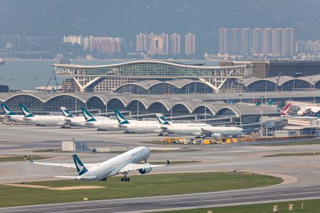 Cathay airplane taking off in HKIA