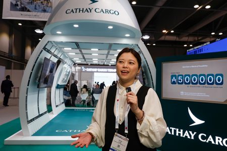 Teresa Lung, Corporate Sales, Marketing and Operation Department Senior Managerat Kintetsu World Express, at the Cathay Cargo stand