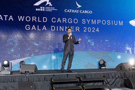 Cathay Group Chair Patrick Healy welcomes guests to the IATA World Cargo Symposium gala dinner