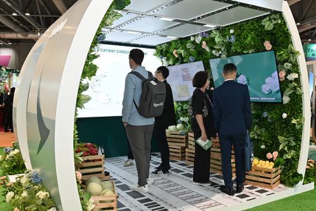 Inside the ‘freighter’ main deck with information on Cathay Cargo’s route network and information on the Cathay Fresh solution
