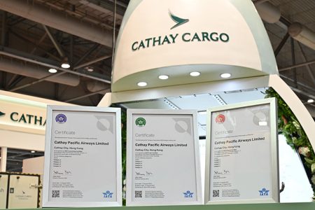The three certificates next to the Cathay Cargo stand at Asia Fruit Logistica
