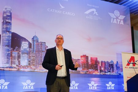 Cathay Cargo Terminal’s Mark Watts outlining the cargo sheet plastic breakthrough at the World Cargo Symposium