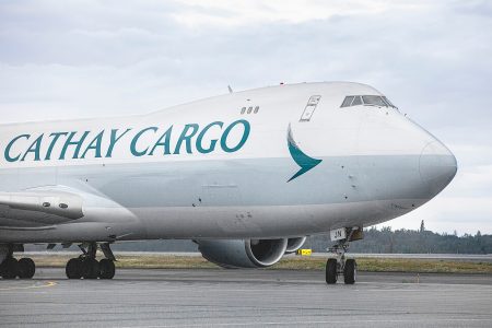 A Cathay Cargo freight on the ramp