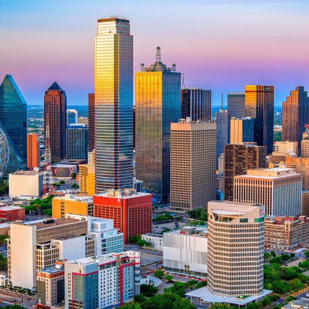 Dallas, Texas in the US at the twilight with skyscrapers catching the light of the setting sun