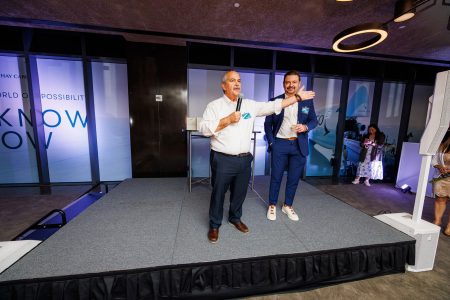 Vice President Cargo Americas Fred Ruggiero and Area Cargo Manager Camilo Gallo welcome guest to the reception