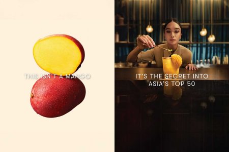 A mango in a frame next to another picture of a woman decorating a cocktail