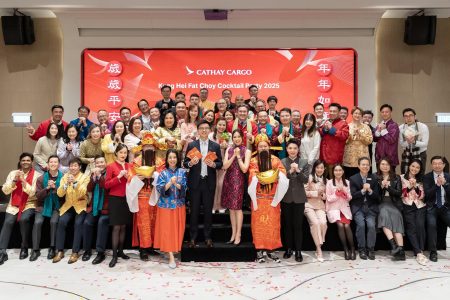 Cathay Cargo managers and invited guests pose for a Lunar New Year photo at the Cathay Cargo Kung Hei Fat Choy party