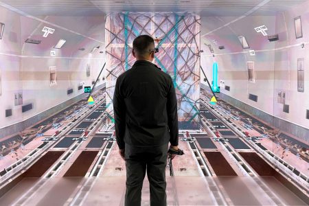 A view inside the VR CAVE of the inside of a Cathay Cargo Boeing 747 with some strap positions shown