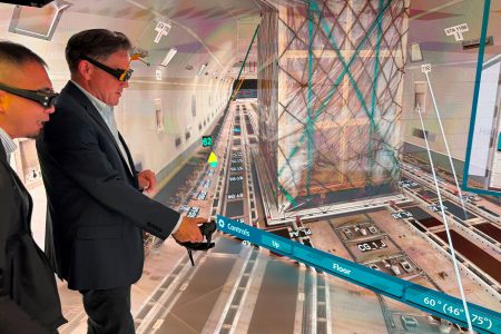 Director Cargo Tom Owen gets to grips with the controls inside the Cargo VR CAVE