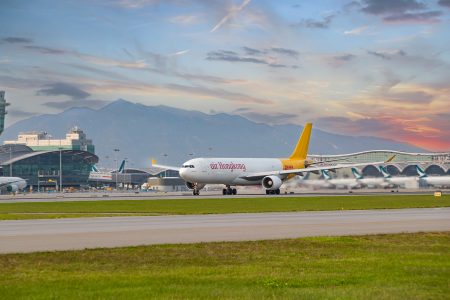 An Air Hong Kong Airbus A330 freighter on manoeuvres at Hong Kong International Airport