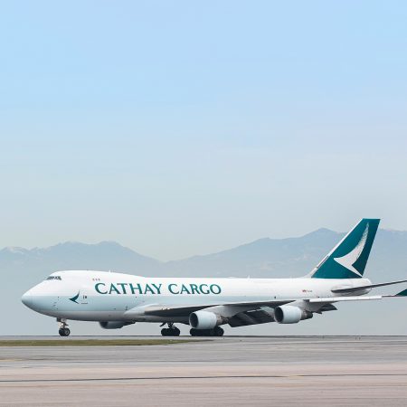 A Cathay Cargo Boeing 747 freighter taxying at Hong Kong International Airport