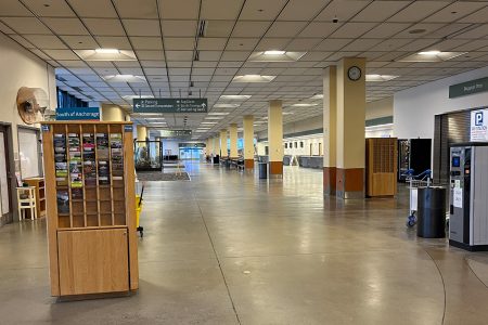 The practically deserted international terminal area at Ted Stevens Anchorage International Airport
