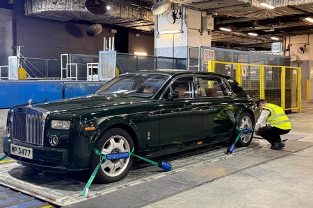 The Peninsula Hong Kong’s Rolls-Royce Phantom is secured to a pallet at the Cathay Cargo Terminal