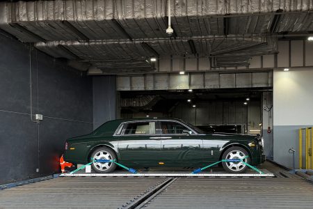 The Phantom emerges into the airside light at the Cathay Cargo Terminal