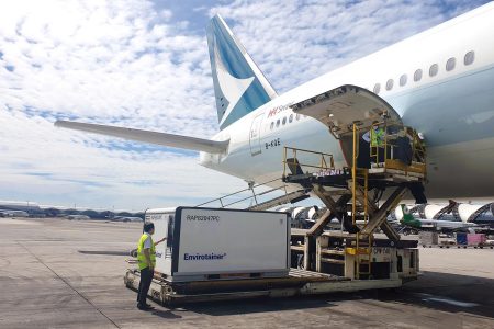 An Envirotainer cooltainer waiting to be loaded on to a Cathay Pacific aircraft