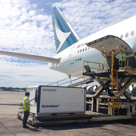 An Envirotainer cooltainer waiting to be loaded on to a Cathay Pacific aircraft