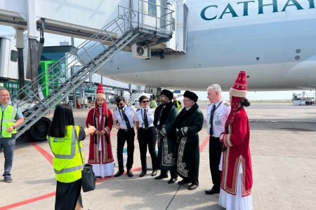 The Cathay Cargo crew on the inaugural flight to Astana meet the welcoming committee