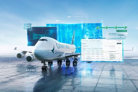 A composite picture of a Cathay Cargo aircraft on a wet taxiway with some screengrabs and icons