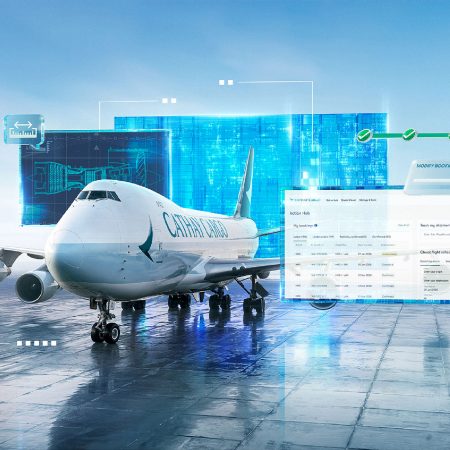 A composite picture of a Cathay Cargo aircraft on a wet taxiway with some screengrabs and icons
